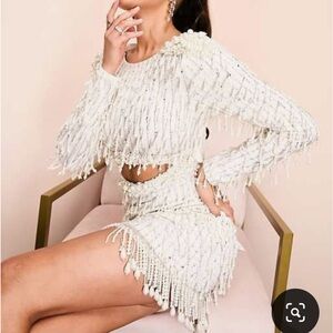 ASOS LUXE Faux pearl embellished long sleeve mini dress